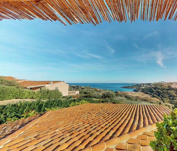 A terrace with a view of the sea, a tiled roof, and a lush green plant.