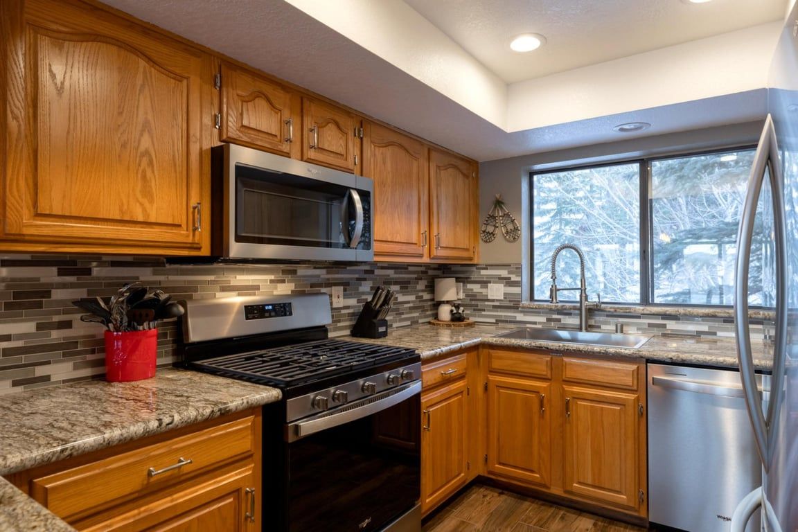 A modern kitchen with wooden cabinets, stainless steel appliances, and a window providing a view of trees.