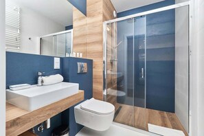 Shower, hair dryer, shampoo