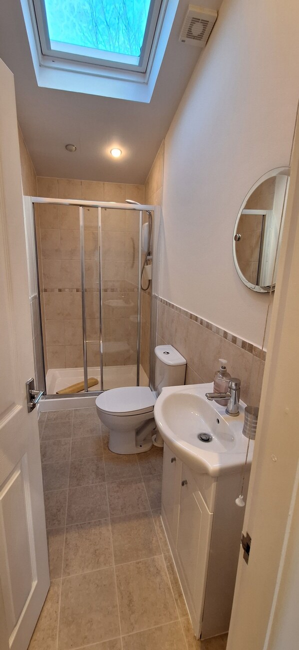 A bathroom with a skylight, a shower enclosure, a toilet, and a sink. - The Garden Lodge at Plas Cichle - Beaumars, Anglesey
Countryside accommodation (Beaumaris)