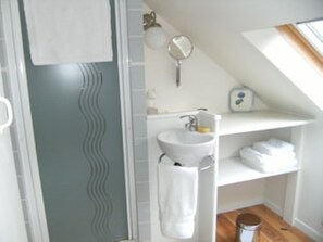 Bathtub, hair dryer, towels, soap