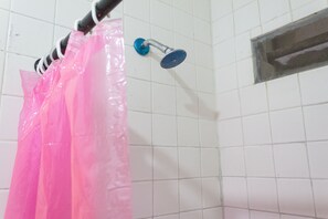 Chuveiro, secador de cabelo, toalhas de banho, sabonete