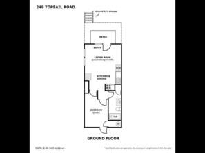 Pianta del piano terra di un appartamento in via Topsail 249, che include un soggiorno, cucina, zona pranzo, camera da letto e bagno in comune.