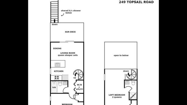 A floor plan of a 1-bedroom apartment at 249 Top Sail Road, including a sun deck, dining area, kitchen, and bedroom. - Aint Dat A Beach Entire - 3BR Home on the 2nd Row (North Topsail Beach)