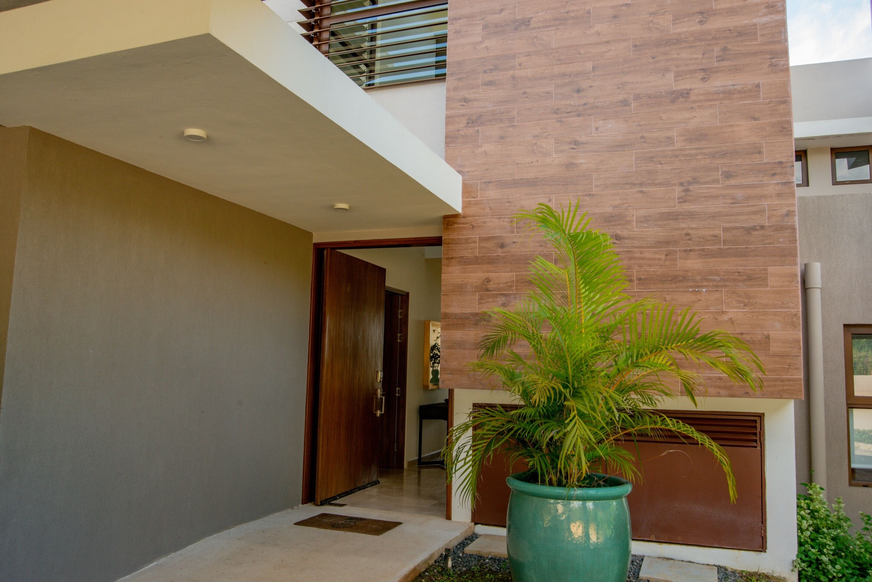 A modern building with a large potted plant in the entrance area.