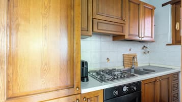Fridge, stovetop, dishwasher, coffee/tea maker