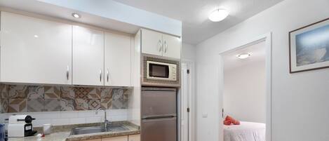 Cocina compacta con refrigerador, microondas y pileta, que da a un dormitorio con cama y un cuadro.