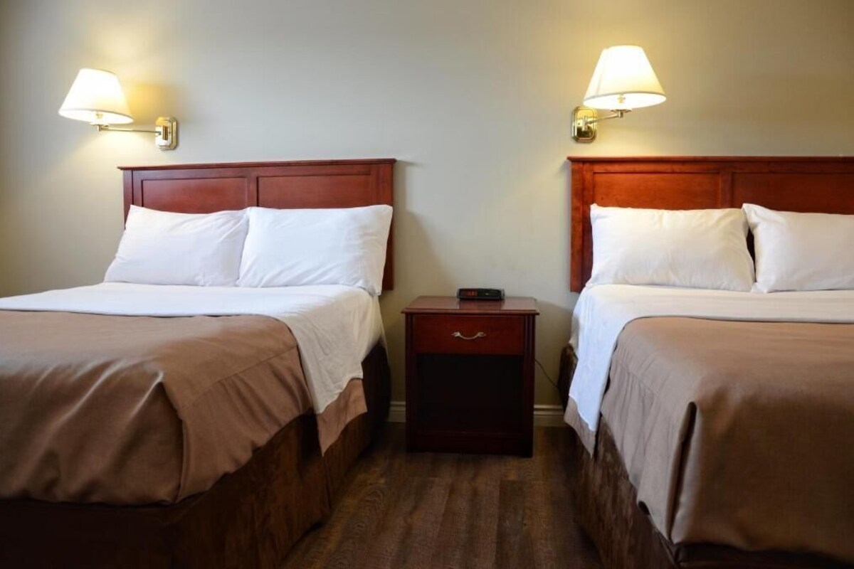 Two adjacent beds with wooden headboards, white bedding, and bedside lamps.