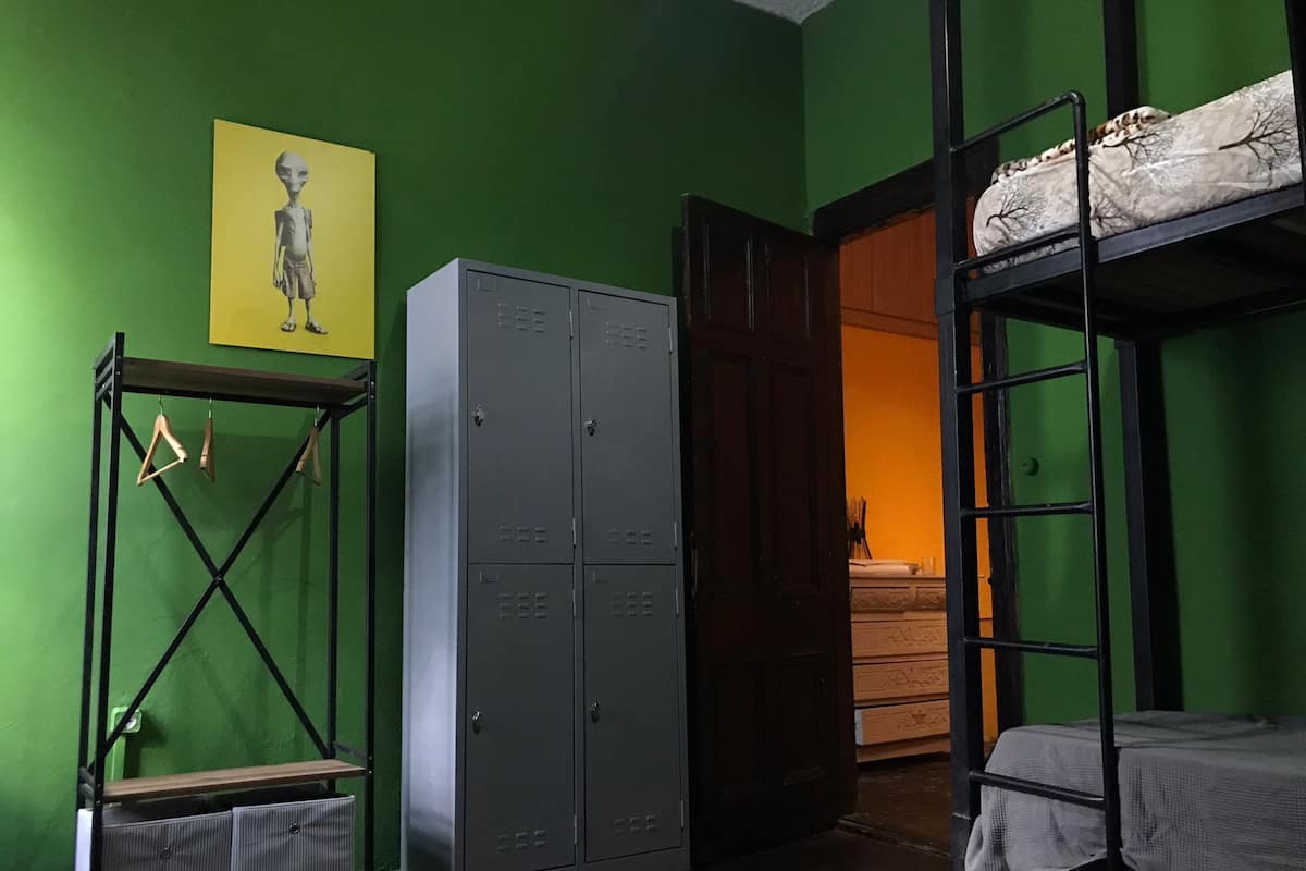 A bunk bed room with green walls, a metal wardrobe, and a yellow painting of an alien.