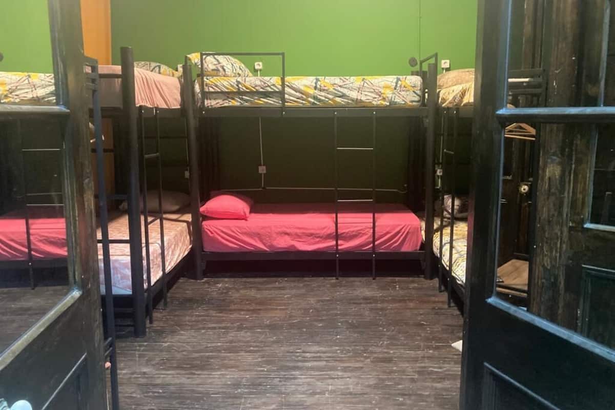 A dormitory room with bunk beds, wooden flooring, and green walls.