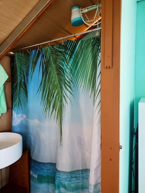 Bathroom features a shower, sink, and wooden door.