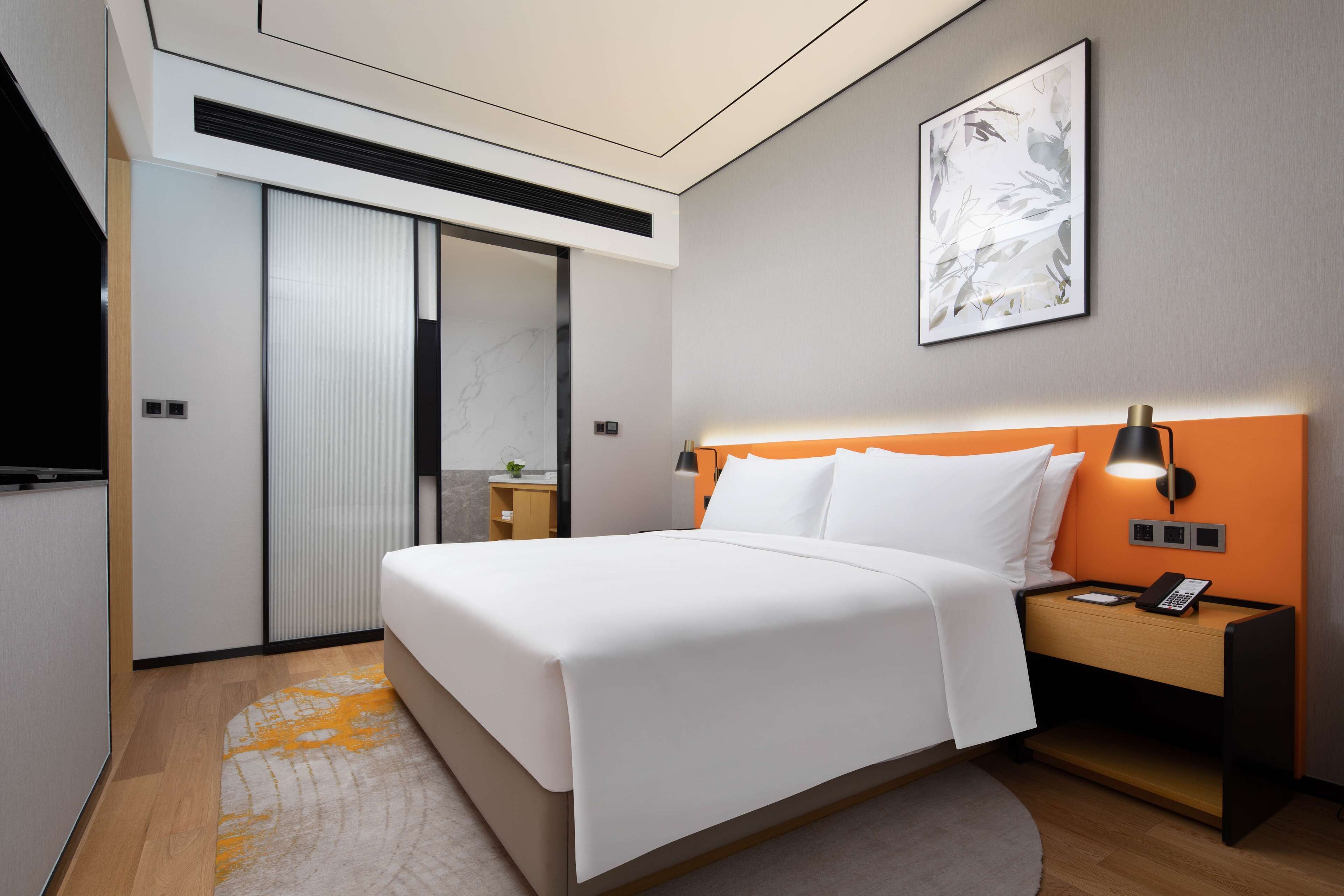 Una habitación de hotel moderna con una cama grande, una mesita de noche con lámpara, una obra de arte en la pared y un armario con puerta corredera.
