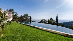 Una piscina infinita curvada con vista despejada al océano, rodeada de césped cuidado y altos árboles.