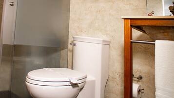 A bathroom with a toilet, a glass shower enclosure, and a wooden vanity with a towel rack.