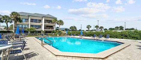 Seasonal outdoor pool, pool umbrellas, pool loungers