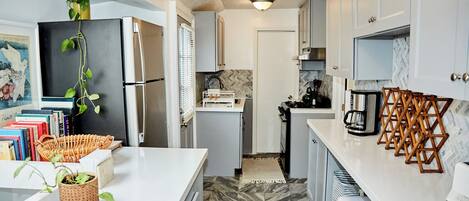 Fridge, oven, stovetop, coffee/tea maker