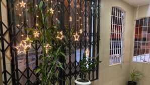 Quarto com planta em vaso, parede decorativa com luzes em formato de estrela e janela com vista para o exterior.