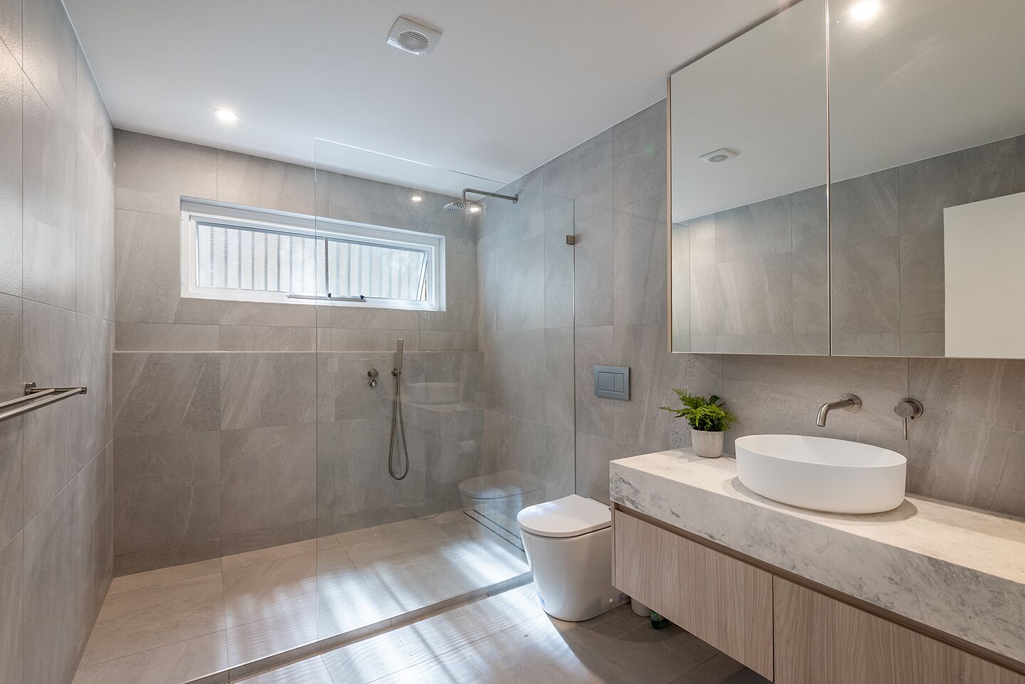 A modern bathroom with a walk-in shower, a toilet, and a sink with a large mirror.