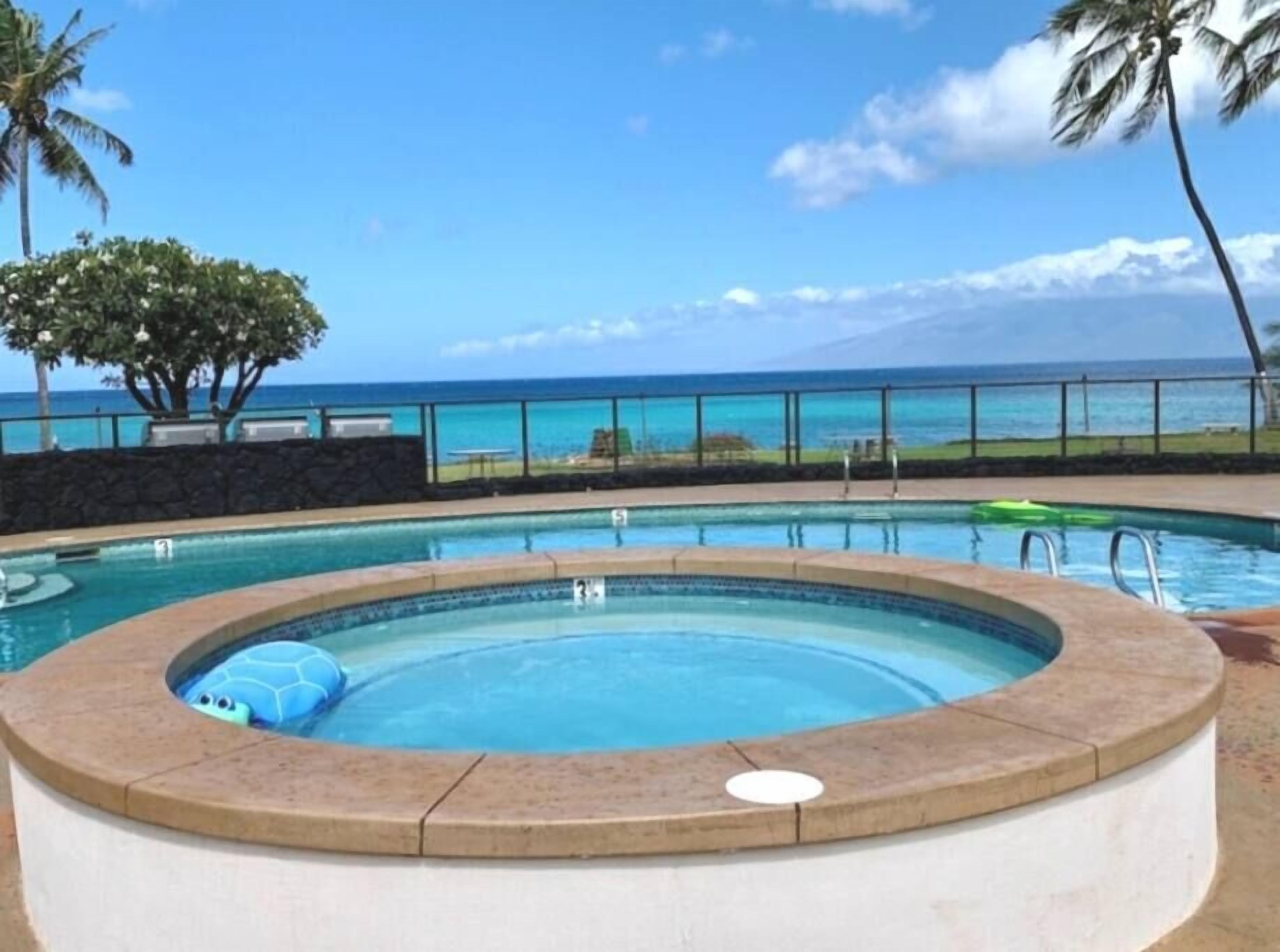 Una piscina con un jacuzzi, rodeada por una terraza de piedra, con vista al océano y palmeras.