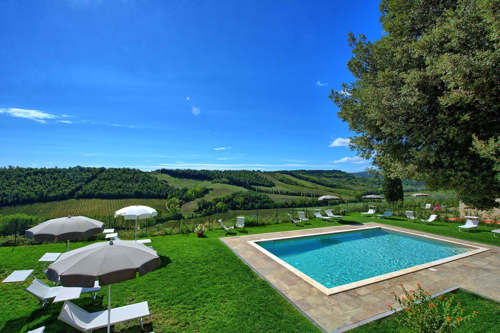 Un espace piscine offrant une vue sur des collines verdoyantes et un ciel dégagé.