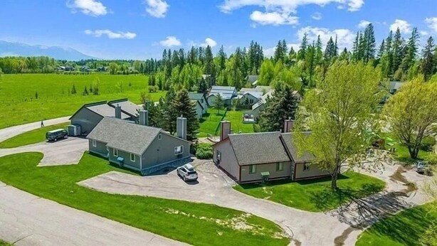 A residential area with houses, a driveway, and a green field.