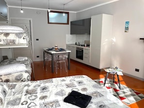 Cozy room with a bunk bed, single bed, and kitchenette area.