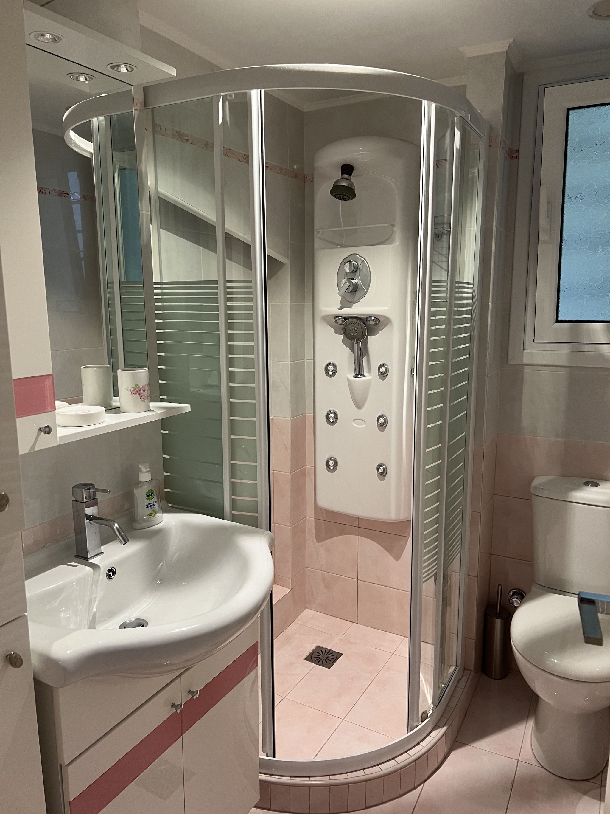 Een moderne badkamer met een douche met glazen wand, een wastafel en een toilet.