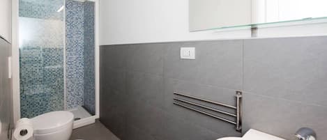 A modern bathroom with a glass shower enclosure, a toilet, bidet, and a sink.