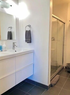 Combined shower/bathtub, hair dryer, towels, soap