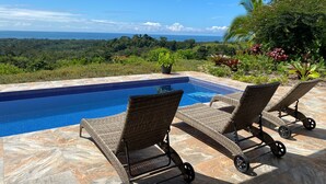 Una piscina con dos sillones de mimbre, rodeada por un jardín con diversas plantas y vistas al océano.