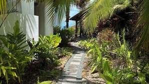 Un camino de piedra serpentea por un exuberante jardín con plantas tropicales y vistas al océano.