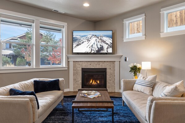 Smart TV, fireplace, books