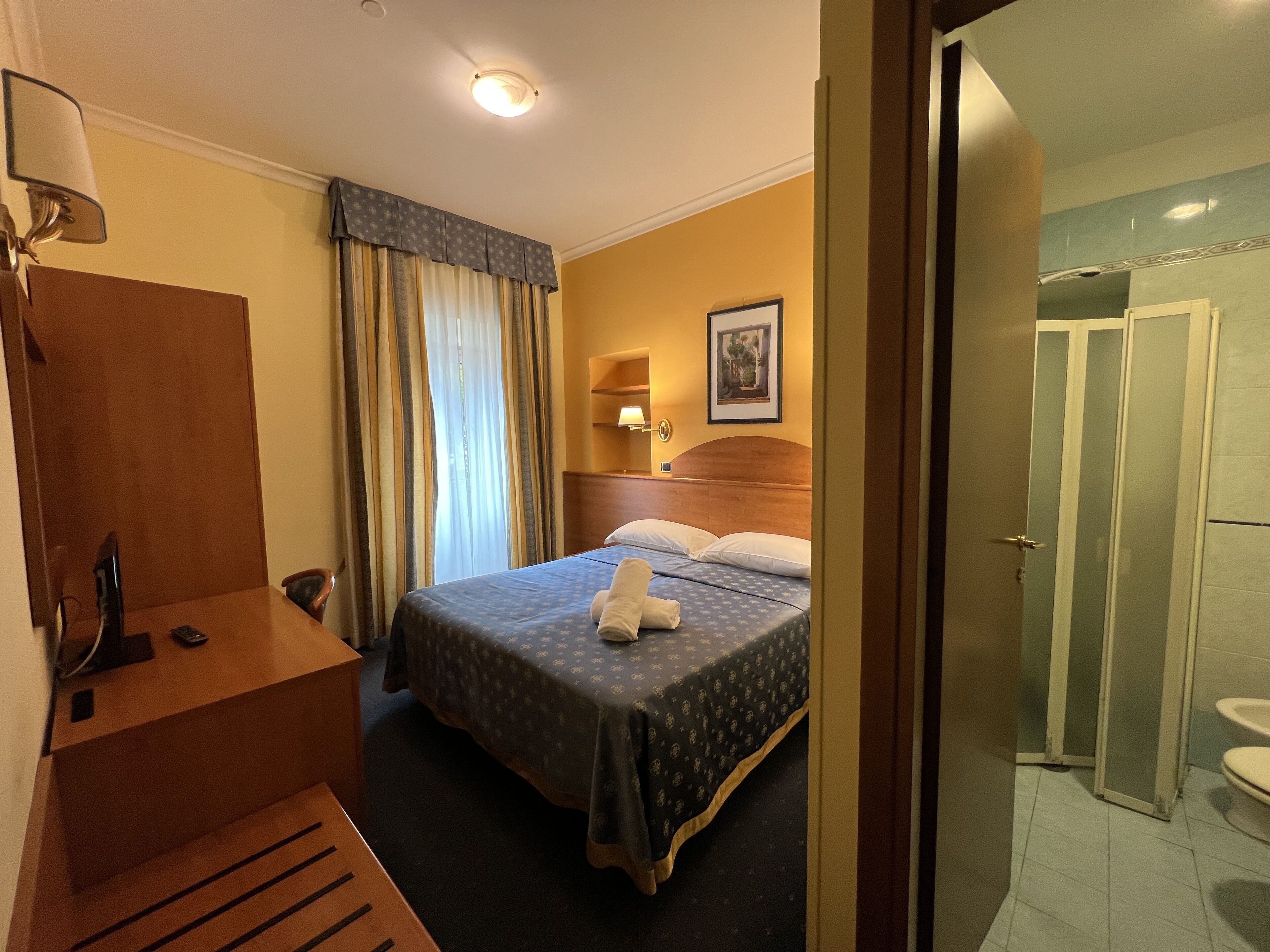 A hotel room with a bed, a desk, a chair, a shower, and a toilet.