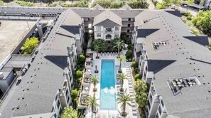 Enjoy the rooftop pool surrounded by lounge chairs and palm trees.