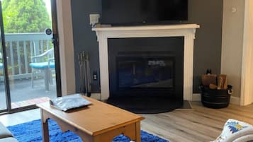 Smart TV, fireplace, books, stereo