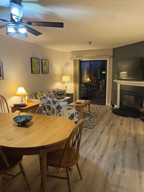 Smart TV, fireplace, books, stereo