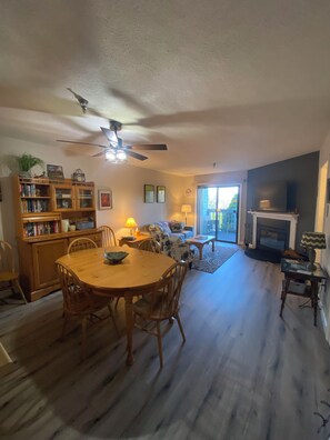 Smart TV, fireplace, books, stereo