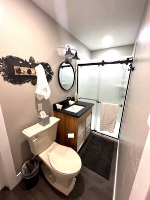 Shower, hair dryer, towels, soap - Salmon Goldbug Cottage, hot tub sleeps 8 (Salmon)