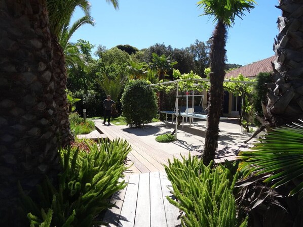 A wooden deck with a swing set, surrounded by tropical plants and a stone wall.