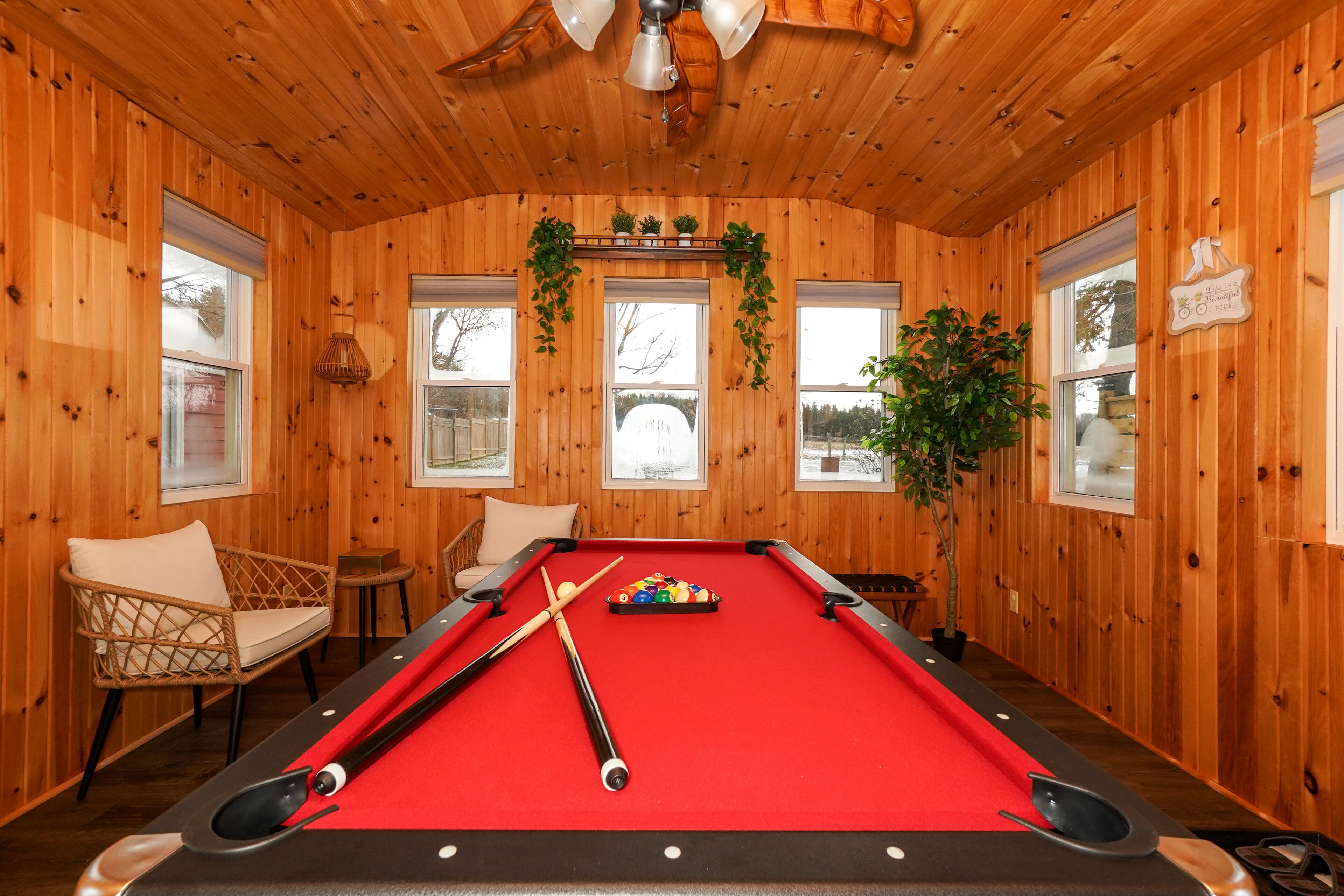 A pool table with pool cues, a wicker chair, and a small table with a plant.