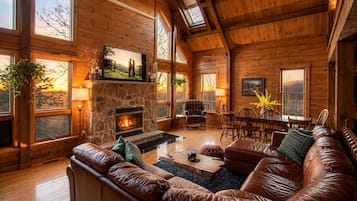 Smart TV, fireplace, books