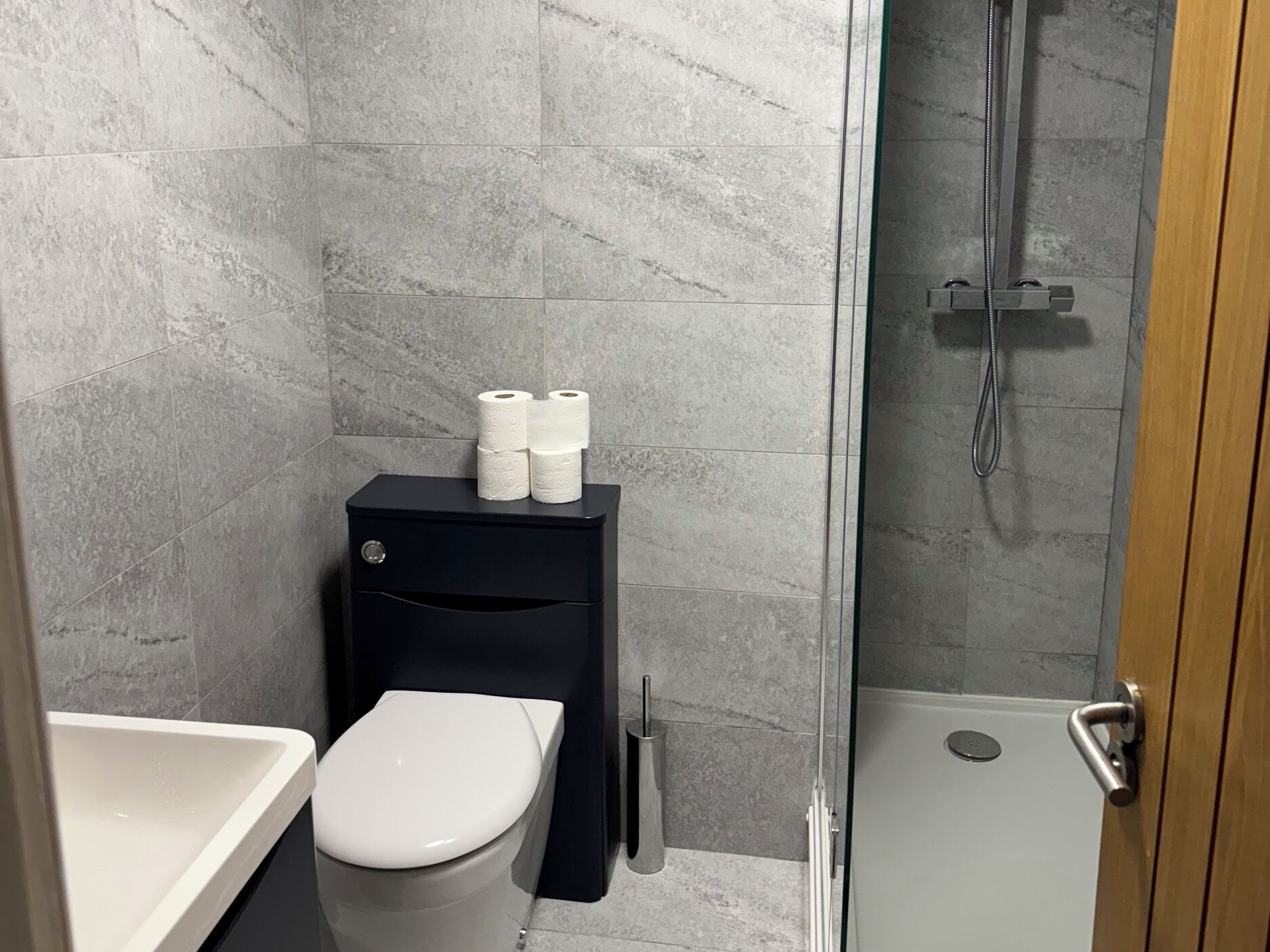 Ein Badezimmer mit Toilette, einem schwarzen Schrank mit Toilettenpapier, einer Dusche und einem Waschbecken.