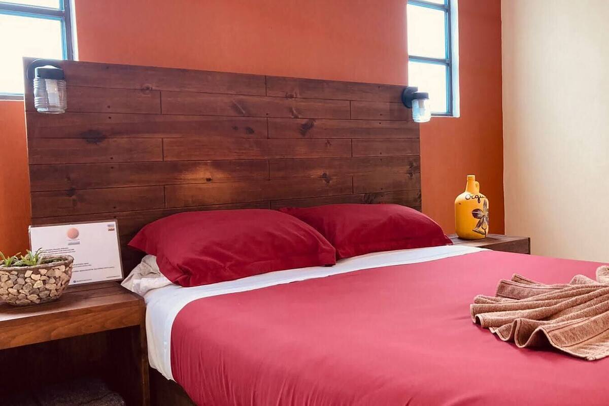 A hotel room with a wooden headboard, a red bedspread, a red pillow, a nightstand with a bottle and a plant, and a towel on the bed.