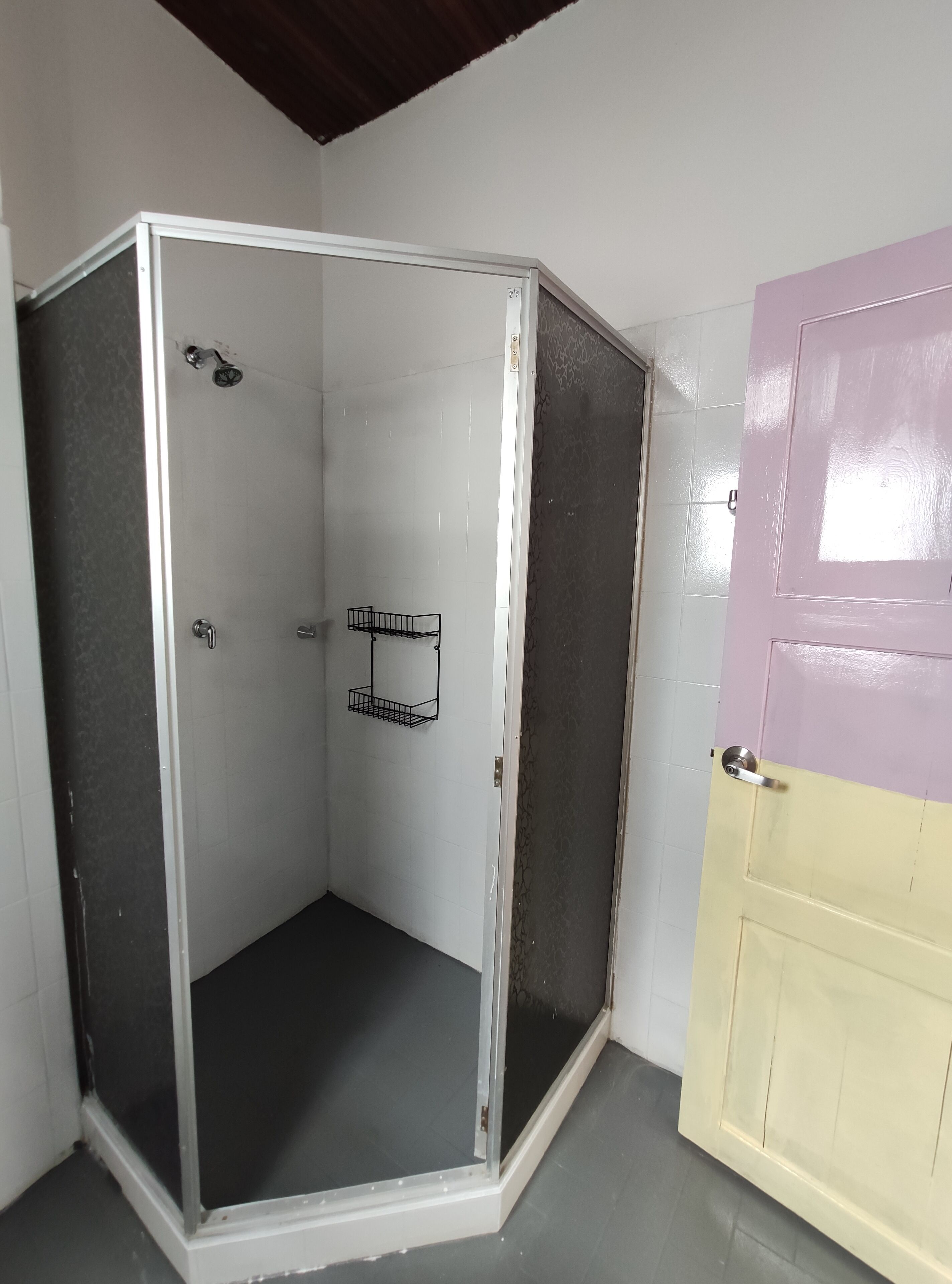 Une chambre d’angle avec une douche en verre, une porte ornée d’un panneau rose et jaune, et un mur recouvert de carreaux blancs.