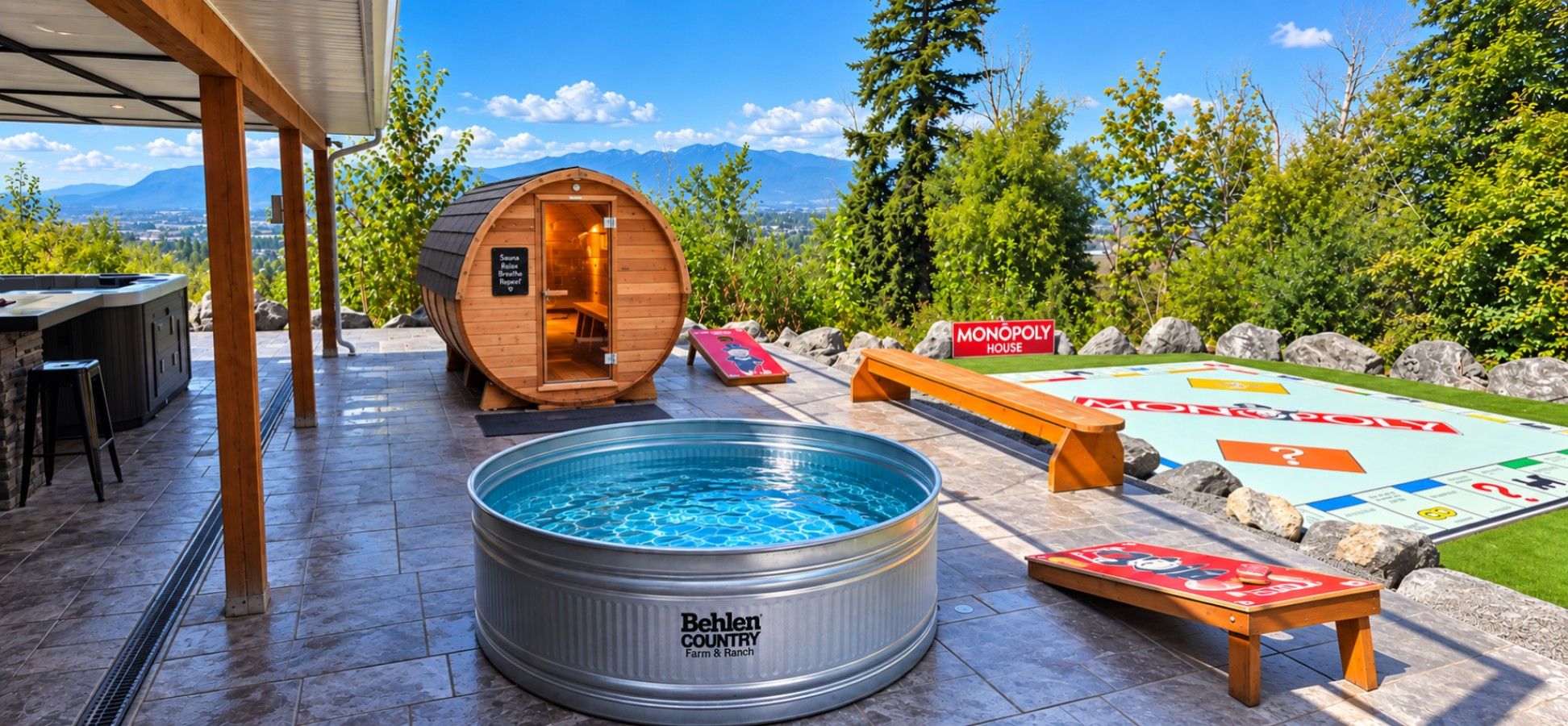 A pool area with a hot tub, a Monopoly game, and a view of mountains.