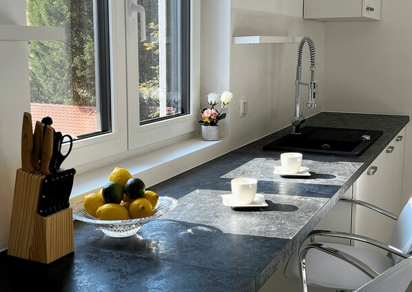 Fridge, microwave, coffee/tea maker, electric kettle