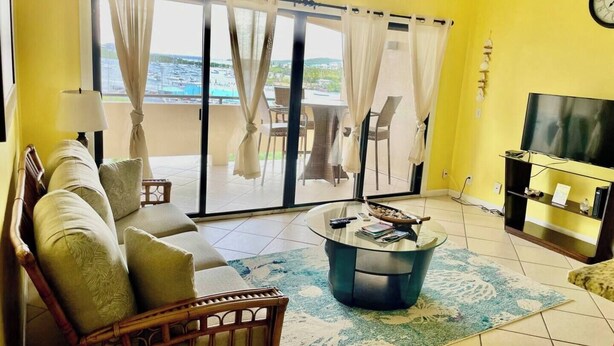 A living room with a sofa, a coffee table, a TV, and a view through a glass door. - Relaxing 1Bed 1Bath Villa In Downtown Red Hook! (Saint Thomas)