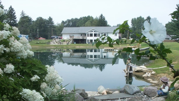 Una casa con un muelle que se adentra en un lago tranquilo, rodeada de exuberante follaje y flores blancas.