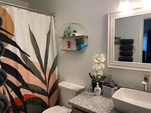 Combined shower/bathtub, hair dryer, towels