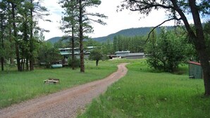A gravel path leading to a rustic cabin surrounded by trees and a mountain in the background.